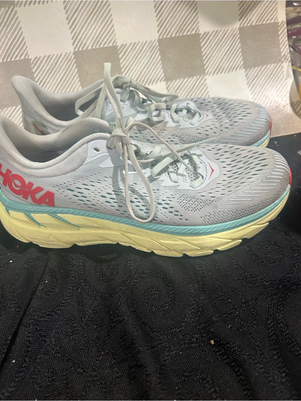 Hoka Women's Light Gray Mesh Running Shoes with Pale Yellow & Aqua Midsole